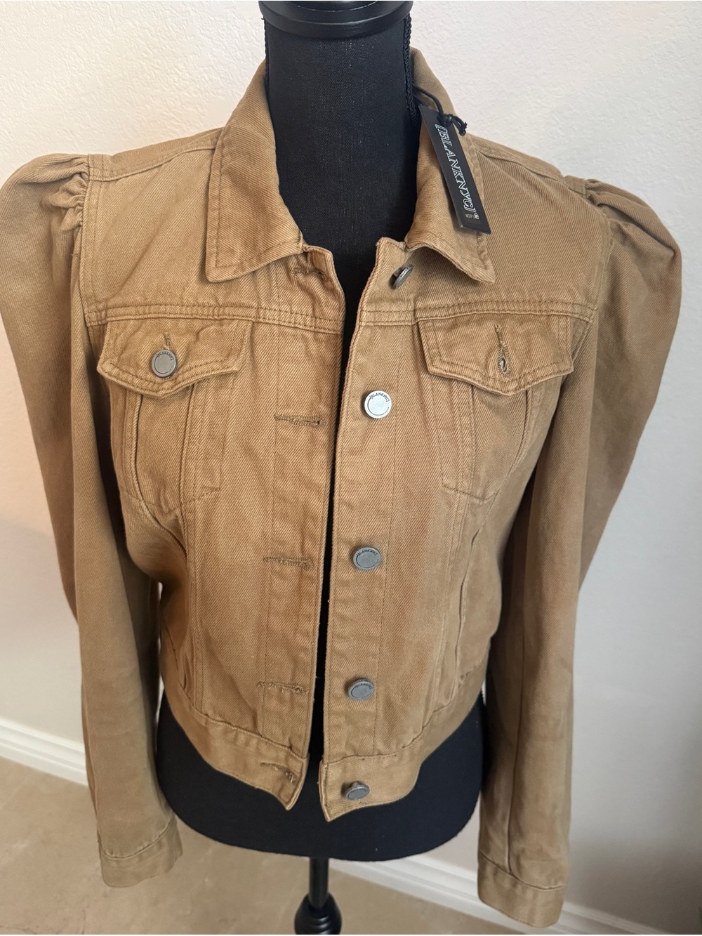 Blank NYC 100% Cotton Tan Puff-Shoulder Cropped Denim Jacket